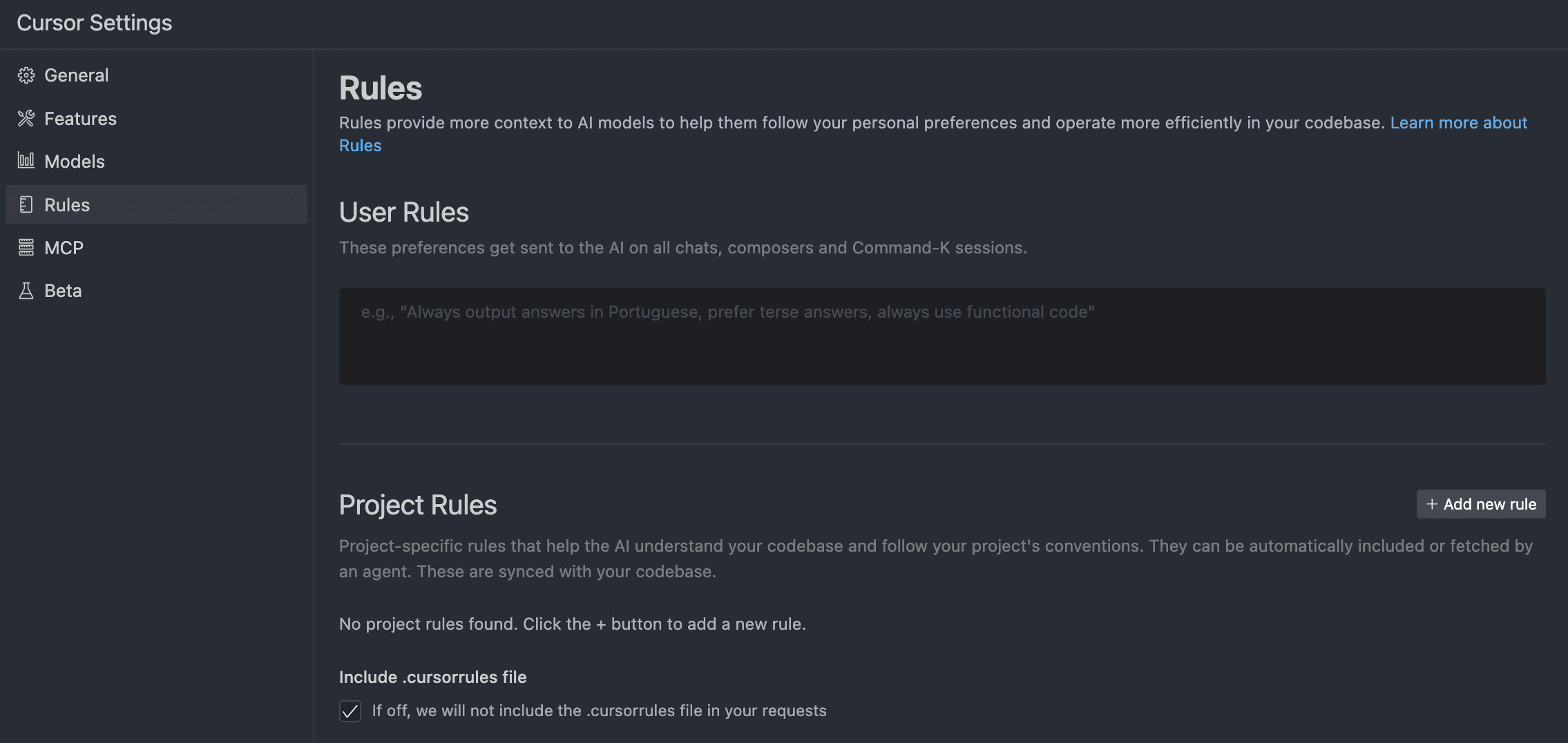 Cursor IDE - rules settings