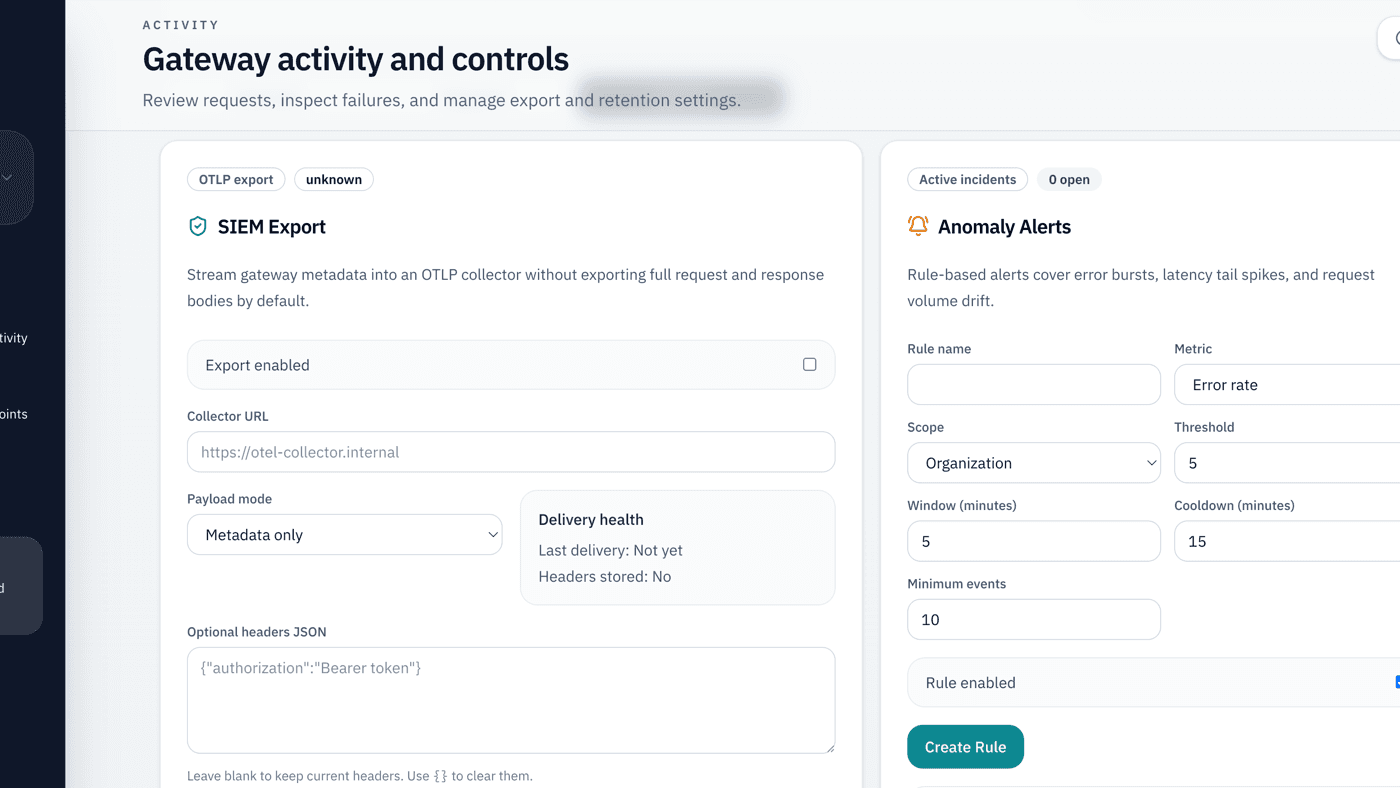 Obrazovka MCP Gateway Controls s nastavením SIEM exportu a anomaly alertů