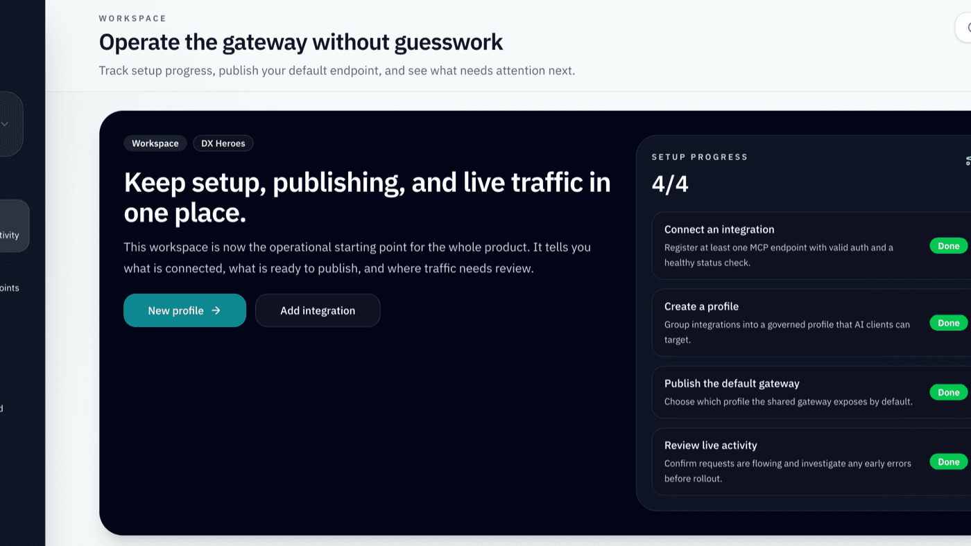 Přehled workspace v MCP Gateway se stavem setupu a publikováním profilů